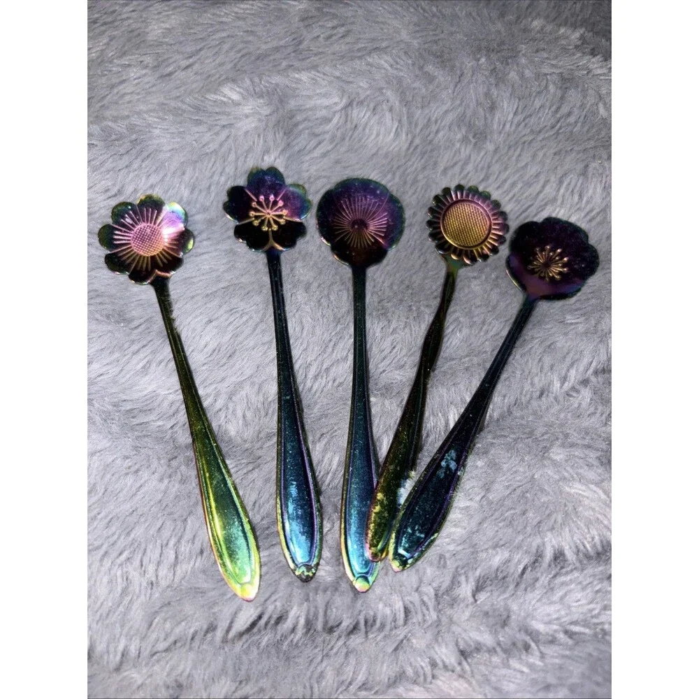 5 Pieces Rainbow Stainless Steel Flower Spoon Tea Dessert Spoons Small Utensils